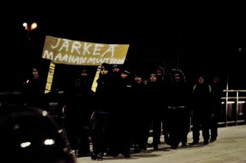 A group that call themselves the "Soldiers of Odin" demonstrate in Joensuu